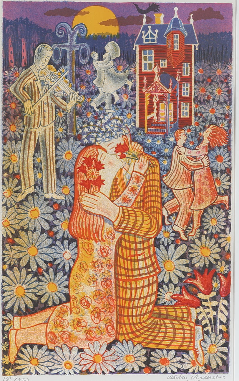 MÅRTEN ANDERSSON. Colour lithograph, "kyssen", signed and numbered, dated 1969.