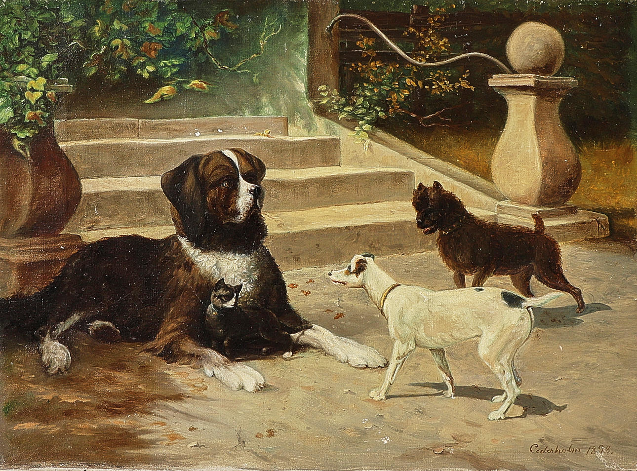 OIDENTIFIERAD KONSTNÄR. Oil painting, signed Cederholm, dated 1898, dogs with cat, canvas.