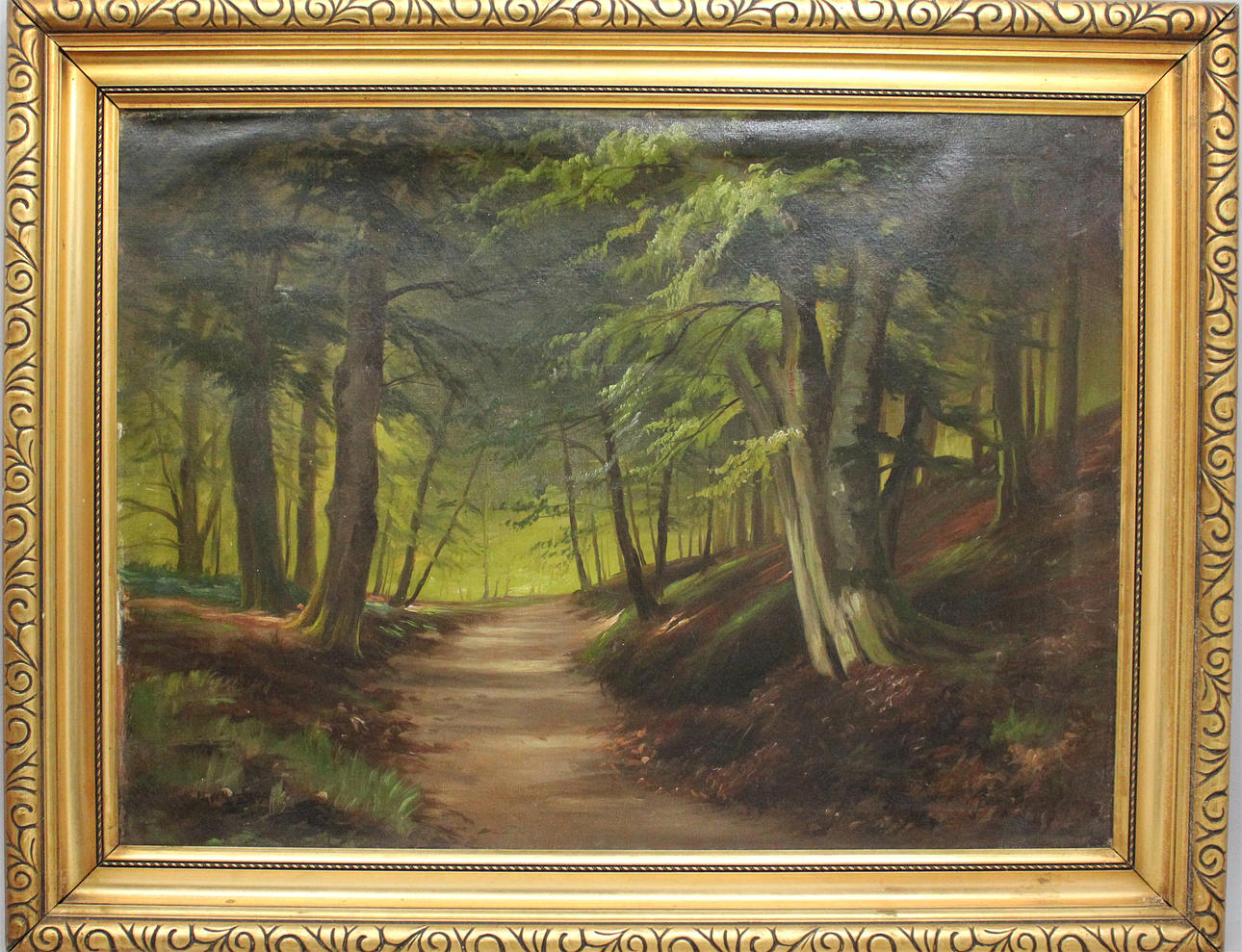 OIDENTIFIERAD KONSTNÄR. Skogsväg. Olja på duk. Otydlig signatur.
