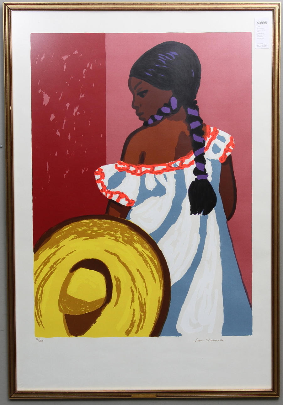 LARS NORRMAN. Flicka med gul hatt. Färglitografi. Signerad och numrerad 35/360.