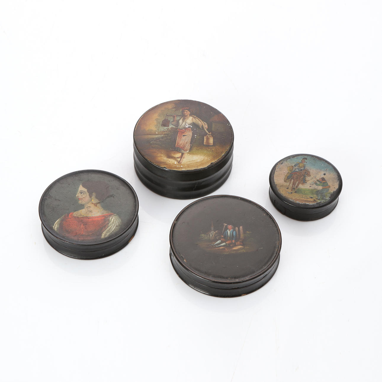 BOXES, FOUR. Painted papier-mâché. 18th-20th century.