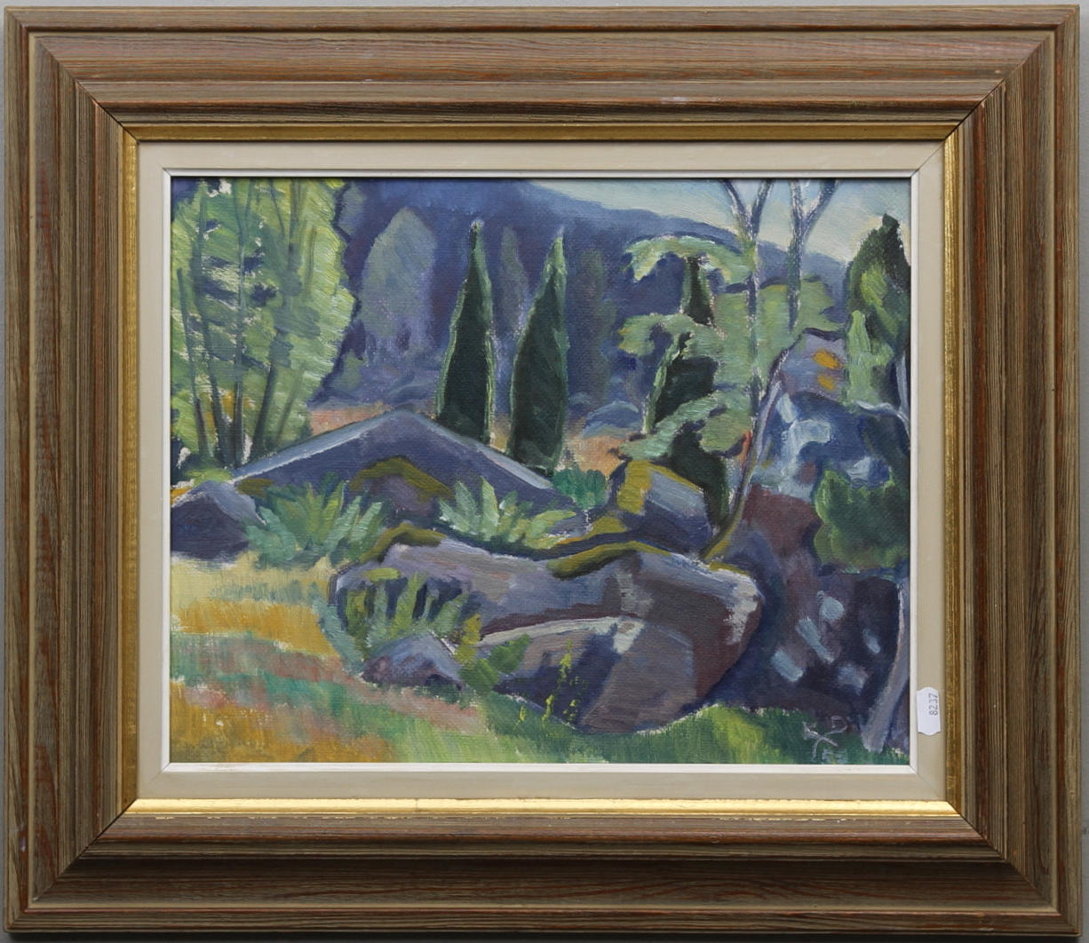 KJERSTIN DALÉN-LUNDGREN. "Blekingelandskap, 1950". Olja på pannå. Signerad K D-L och daterad 50.