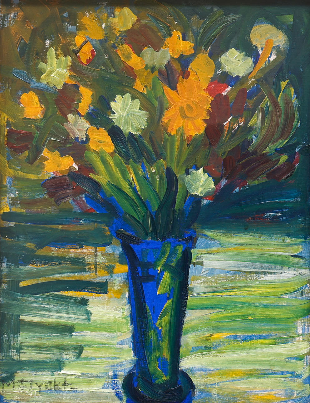 MANFRED FLYCKT. Olja på duk, blommor i vas, signerad.