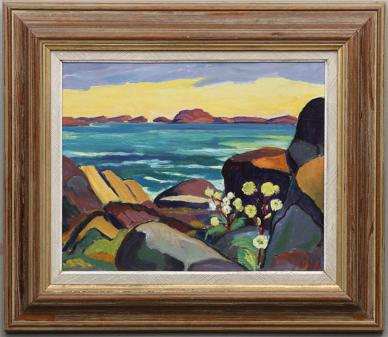 ÅKE PLANTIN. Kustlandskap med blommor och klippor. Olja på pannå. Signerad Åke Plantin.