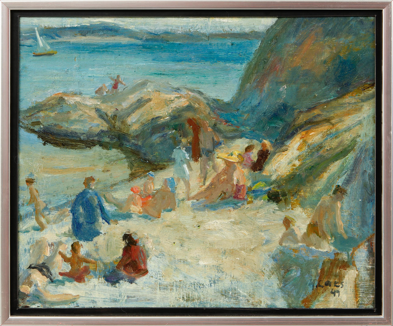HARRI LAKS. Strandbild med figurer, olja på pannå, signerad och daterad 49