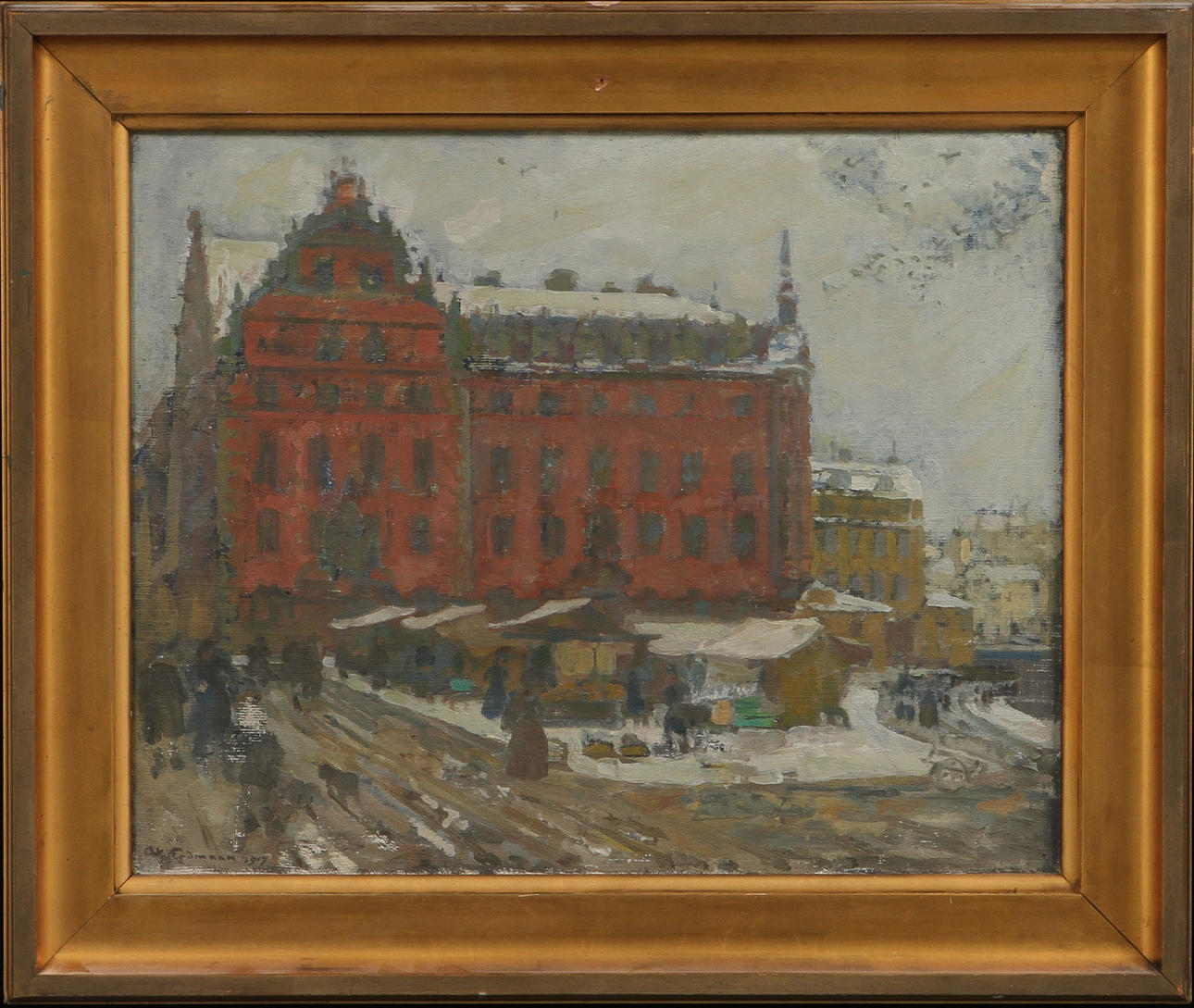 AXEL ERDMANN. "Munkbron, snöslask". Olja på duk, signerad och daterad 1917.