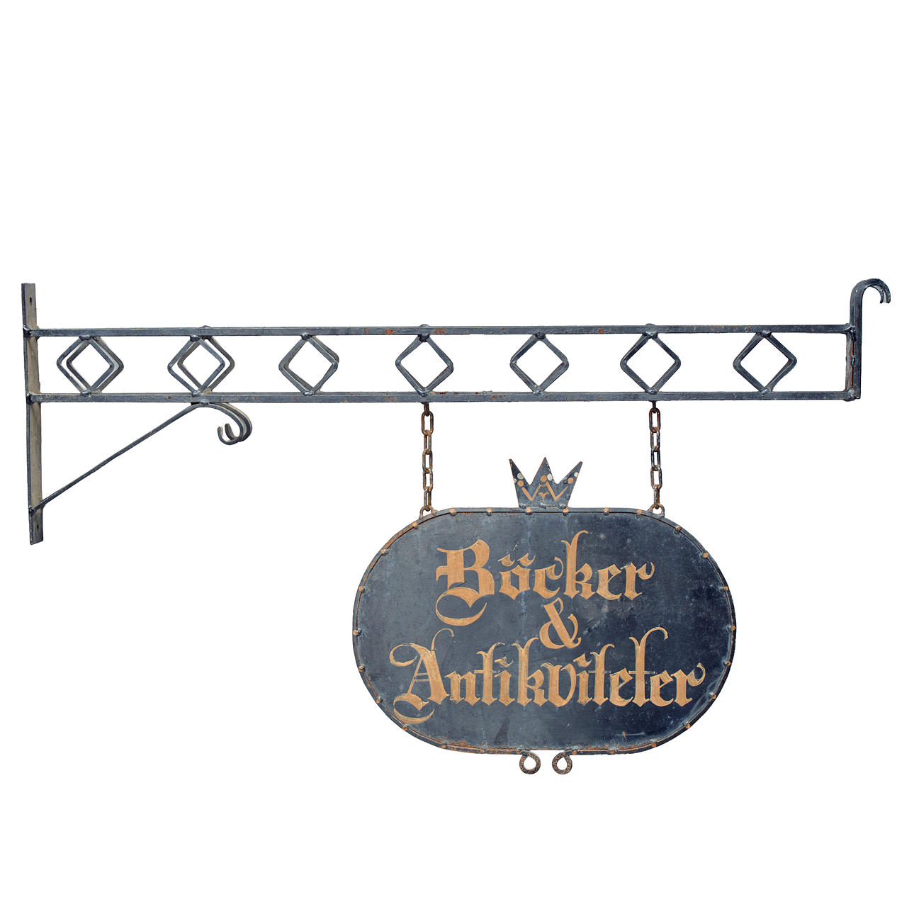 SHOP SIGN, painted iron, "böcker & antikviteter".