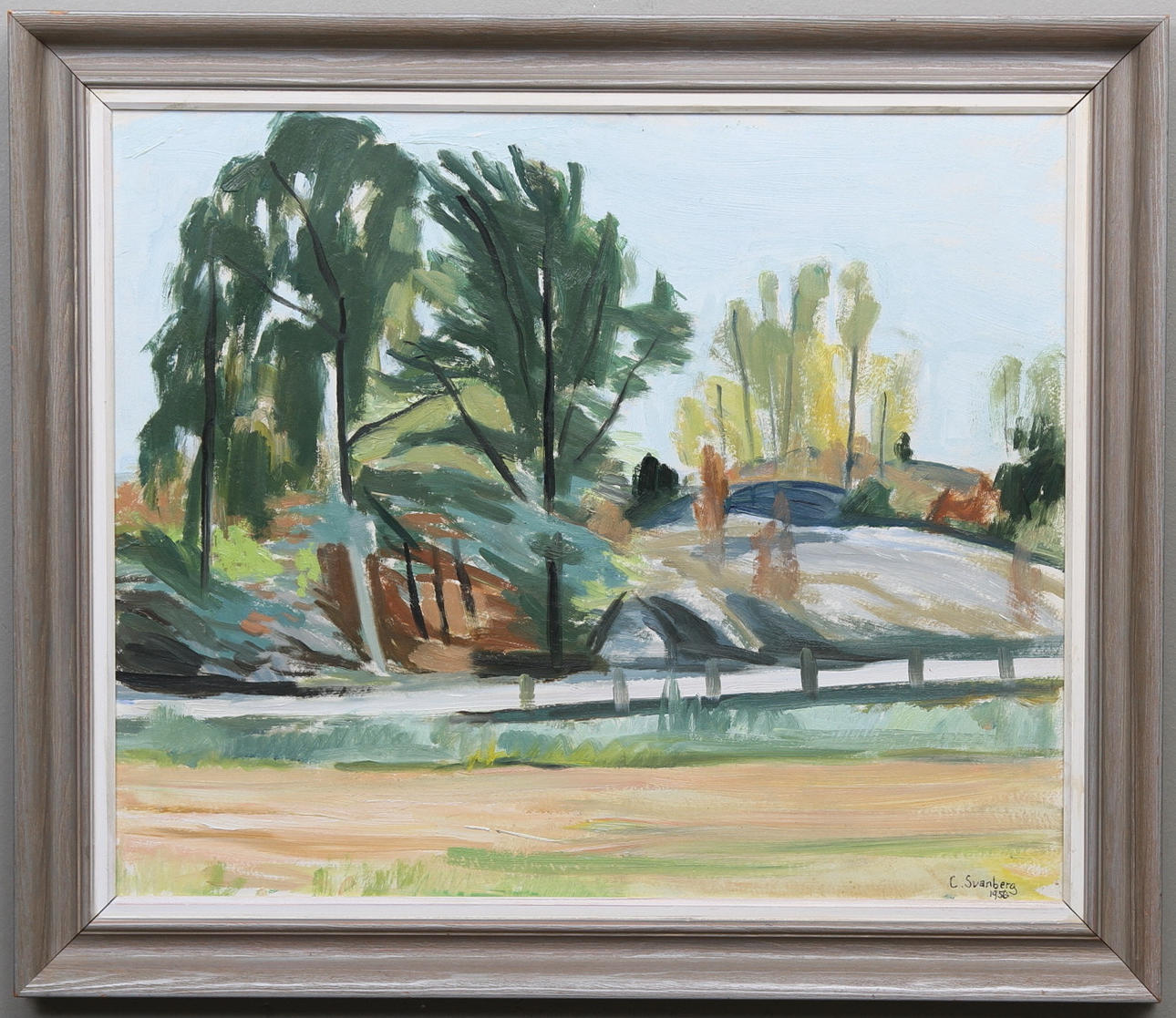 CARL SVANBERG. Landskap med träd. Olja på pannå. Signerad C.Svanberg och daterad 1956.