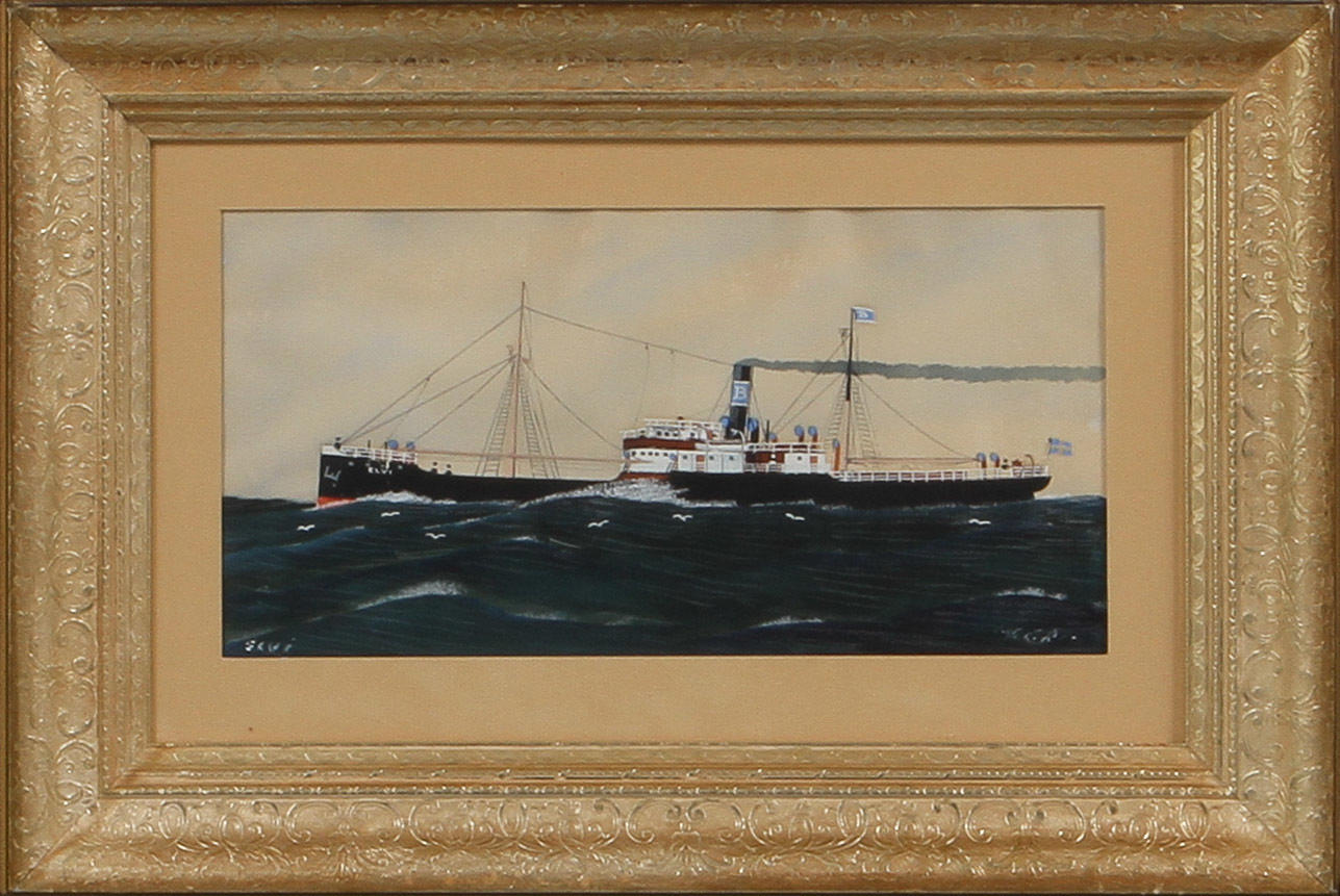 OIDENTIFIERAD KONSTNÄR. Skeppsporträtt "Elvi", gouache, signerad.