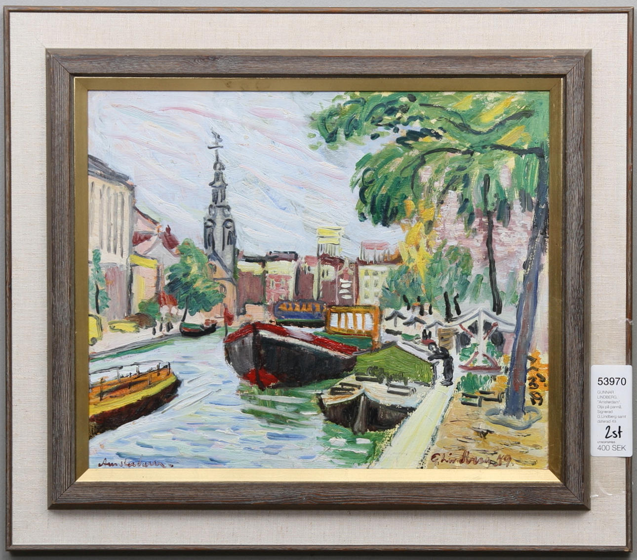 GUNNAR LINDBERG. "Amsterdam". Olja på pannå. Signerad G.Lindberg samt daterad 49.