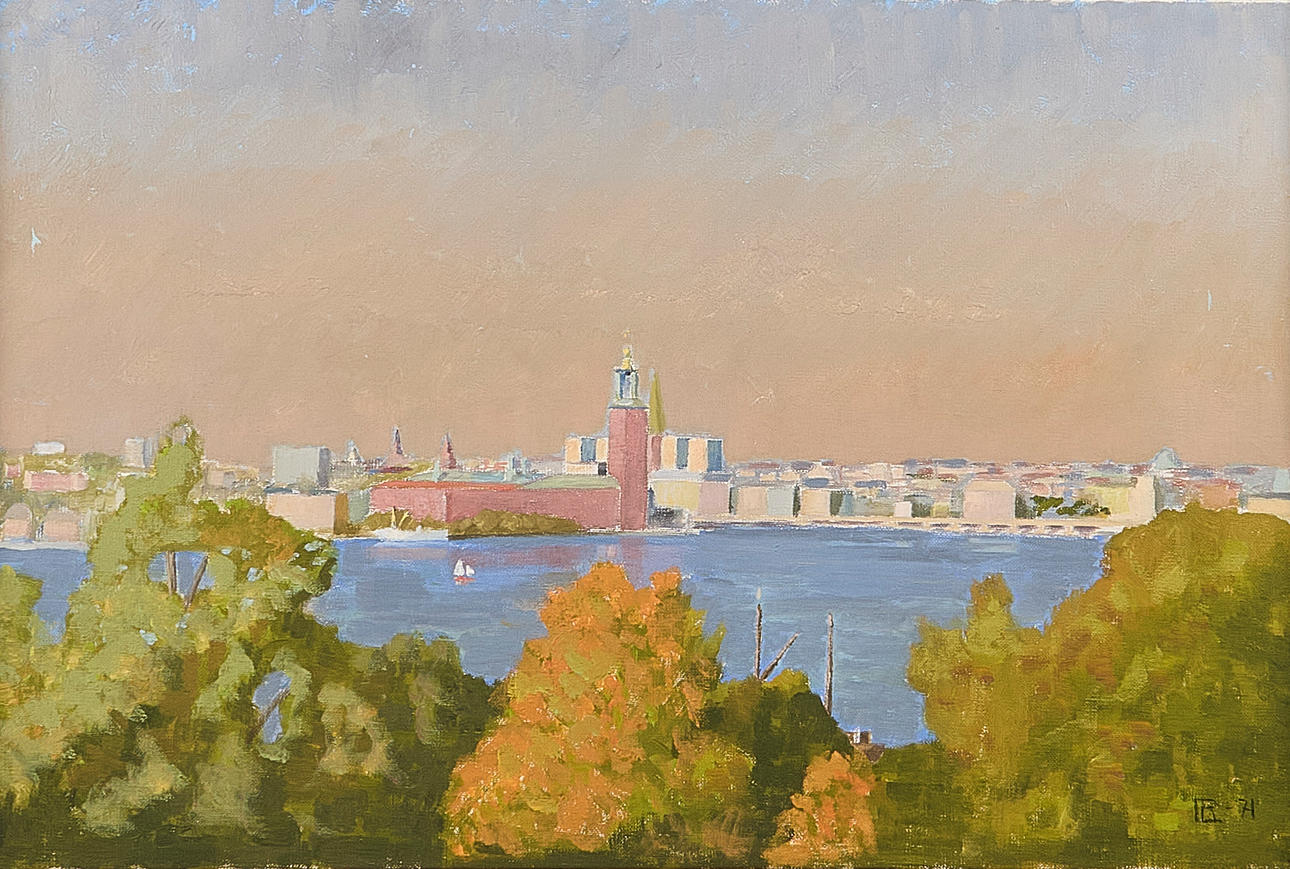 OIDENTIFIERAD KONSTNÄR. Oil painting, Stockholm motif with the City Hall, monogram signed.