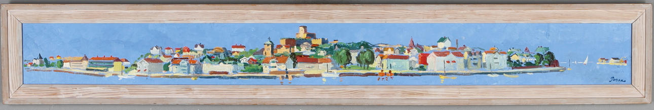 MARTIN POSER. Stad vid vatten, olja på pannå, signerad.