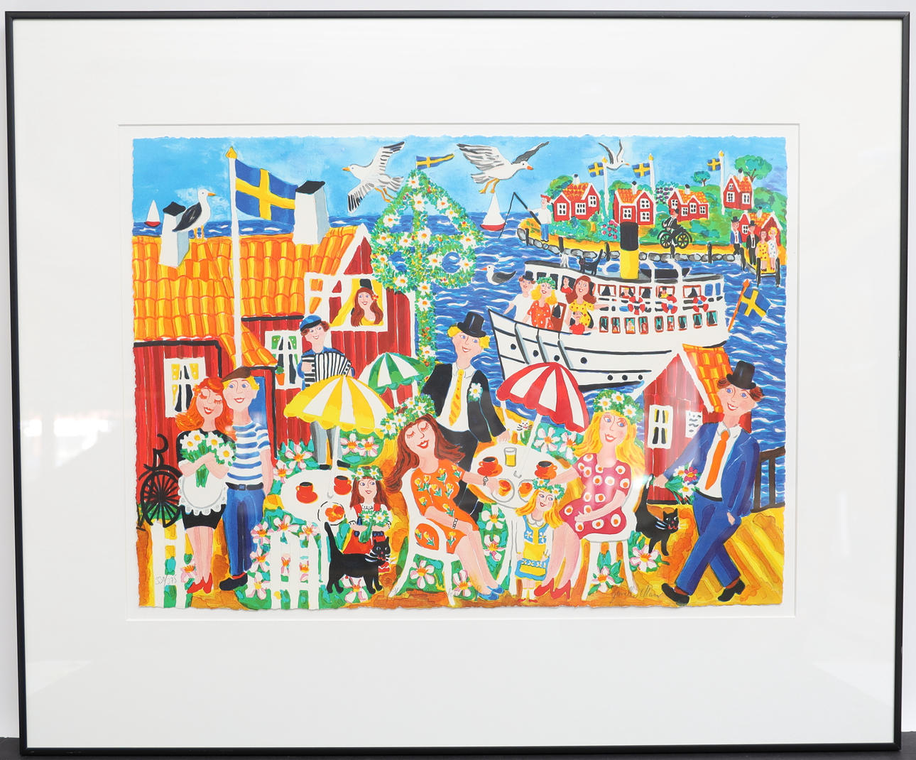 GUNILLA MANN. Midsommarfirande, färglitografi, signerad och numrerad.