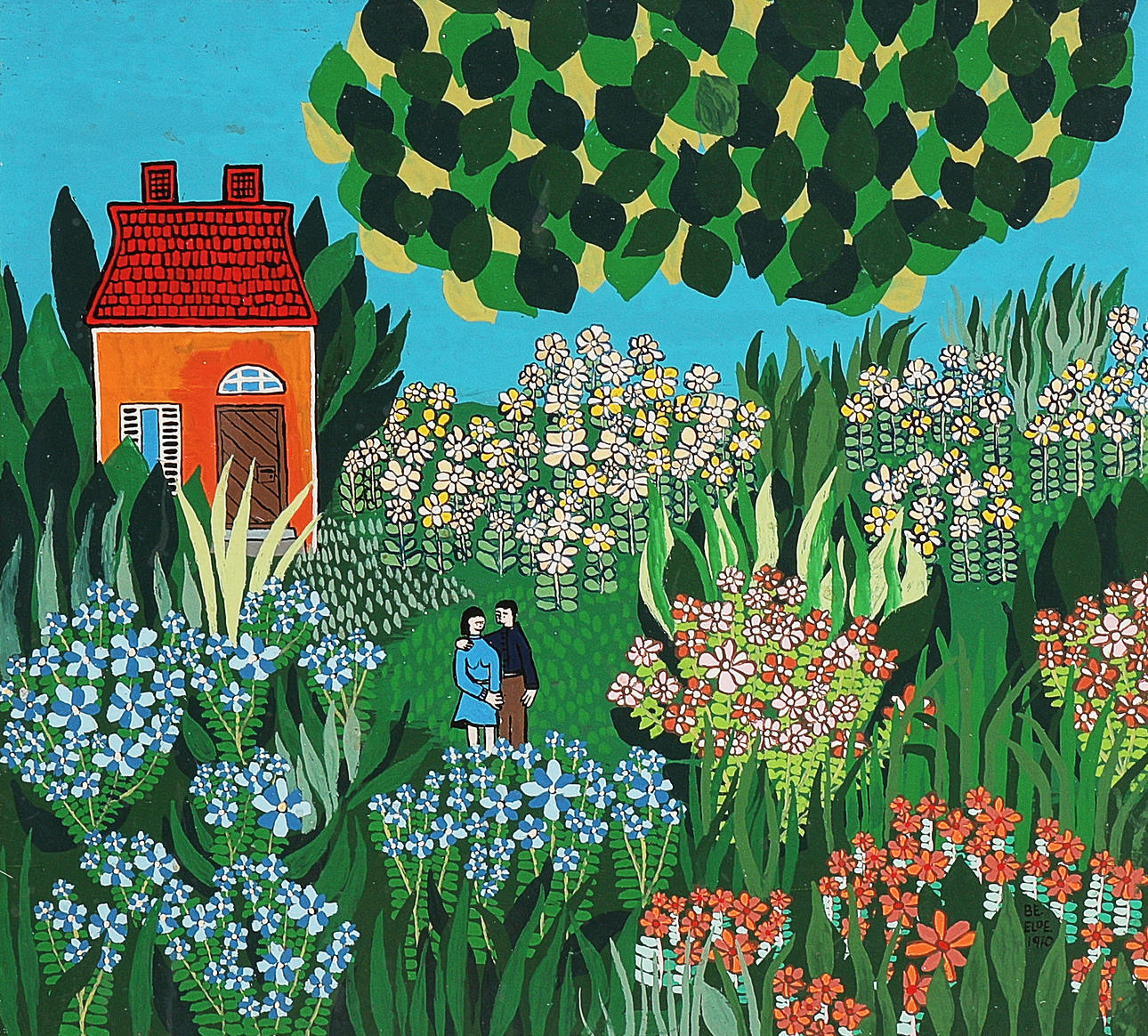 BENGT ELDE. Oil painting, signed, dated 1970, couple in a sea of flowers, panel.