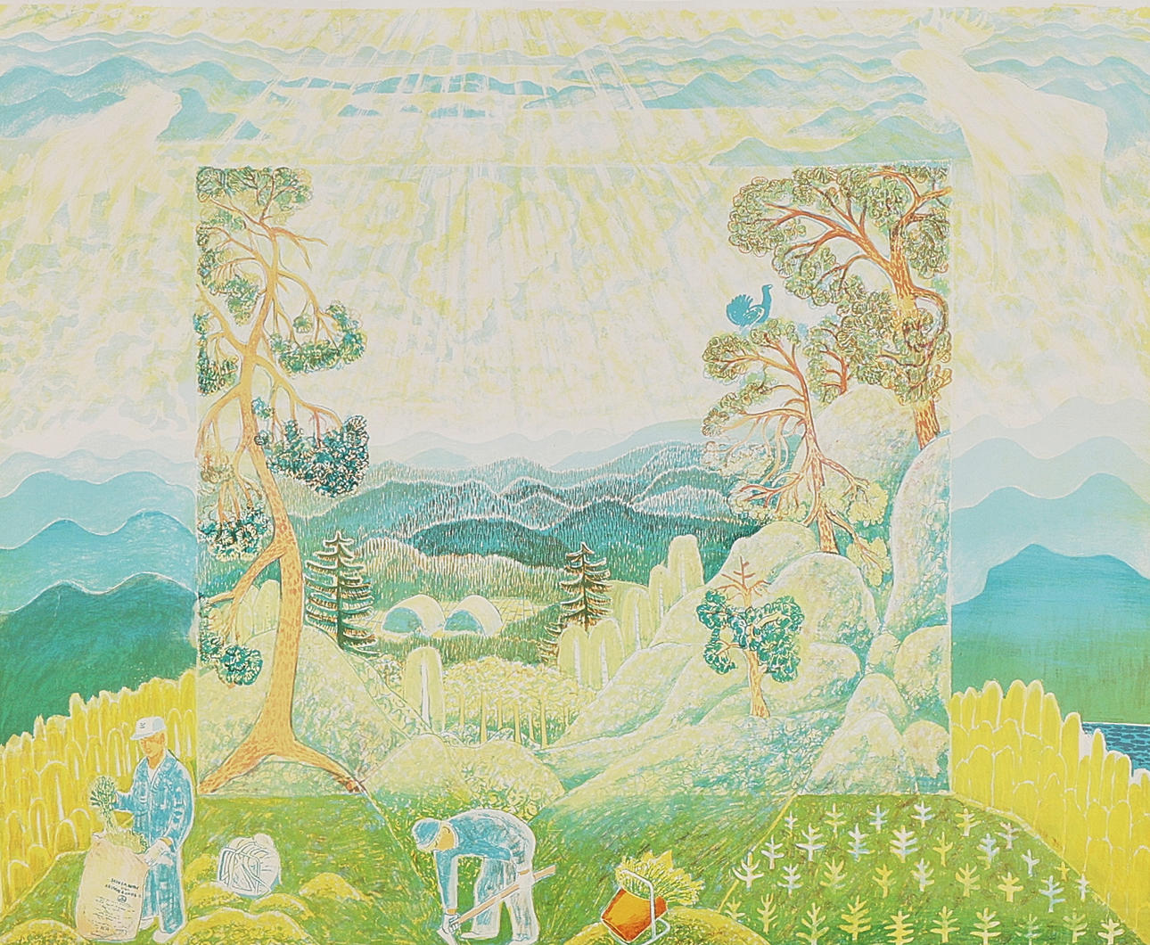MÅRTEN ANDERSSON. Colour lithograph, signed, numbered 380/400, forest workers.