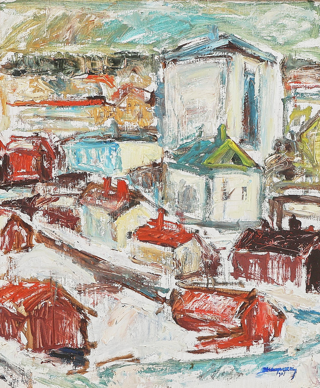 OIDENTIFIERAD KONSTNÄR. Oil painting, signed, dated 1961, cityscape, panel.
