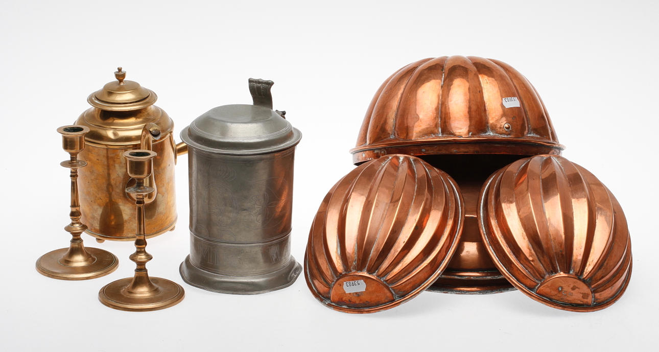 TENN, KOPPAR och MÄSSINGSFÖREMÅL, 9 delar.