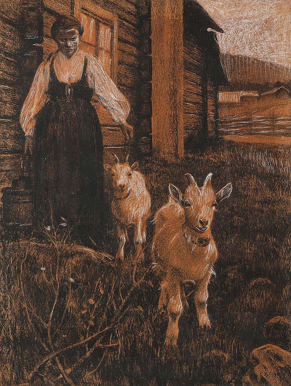 ERNST KÜSEL. Mixed media, signed, shepherdess.