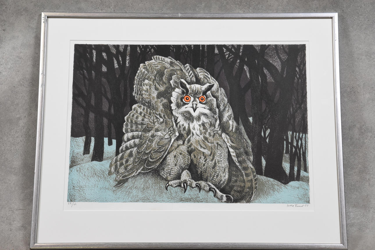 FOLKE LIND. färglitografi " Berguv " signerad, numrerad 22/99, daterad -84.