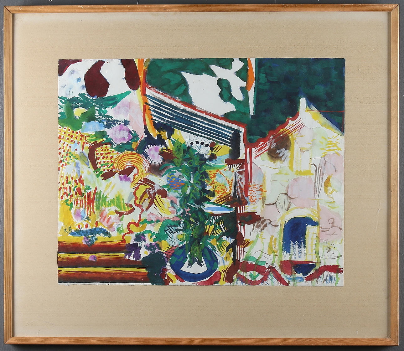 NES LERPA. Blomsterträdgård, akvarell, signerad.