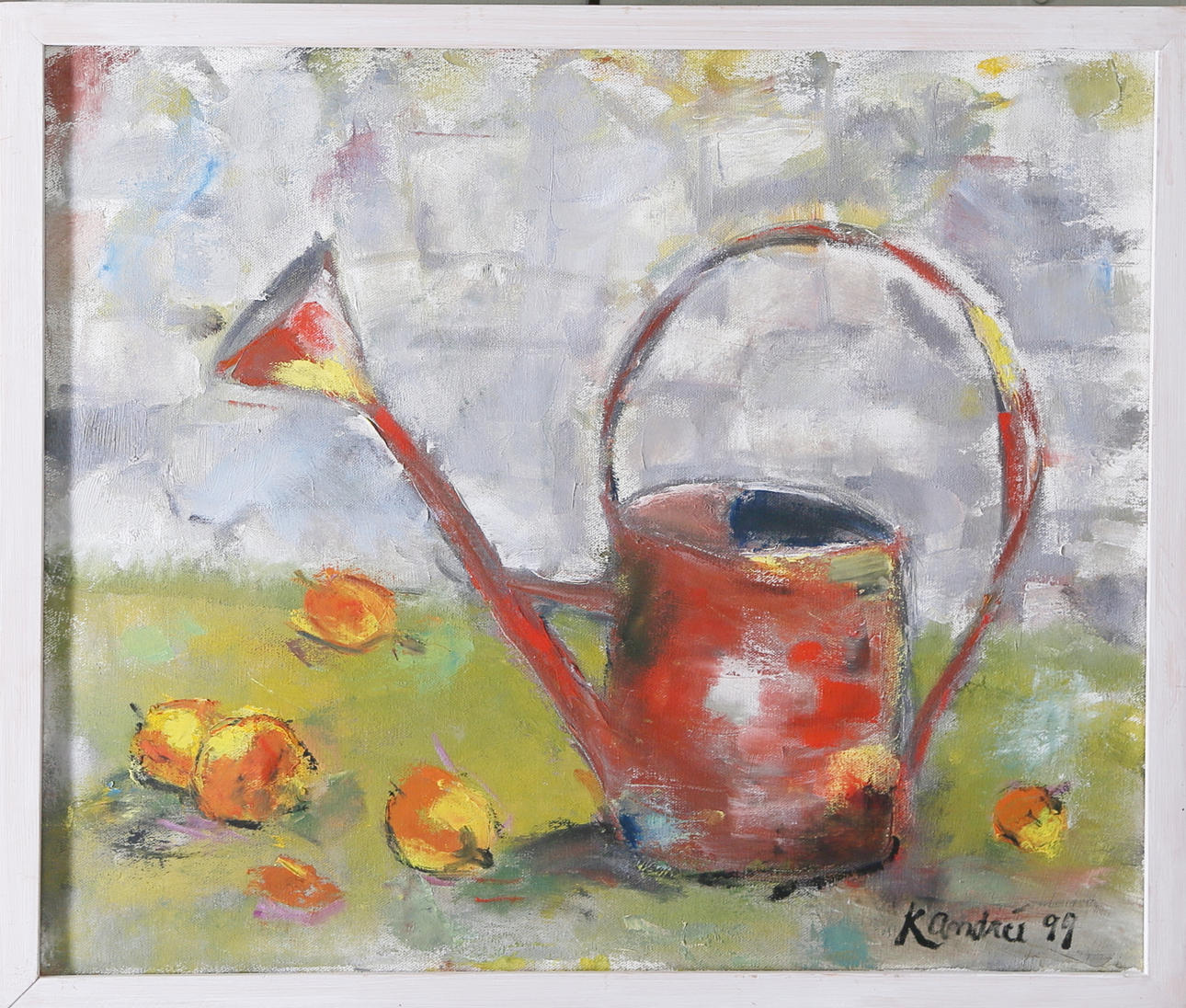 KERSTIN ANDREE. Still life with watering can and apples, oil on canvas, signed and dated.