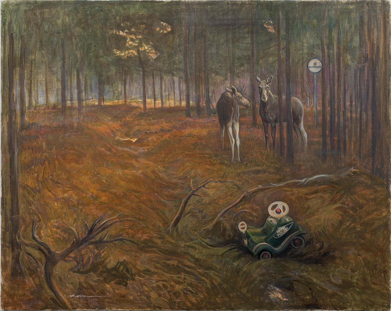 GÖTE GÖRANSSON. Moose in forest, oil on canvas, signed.
