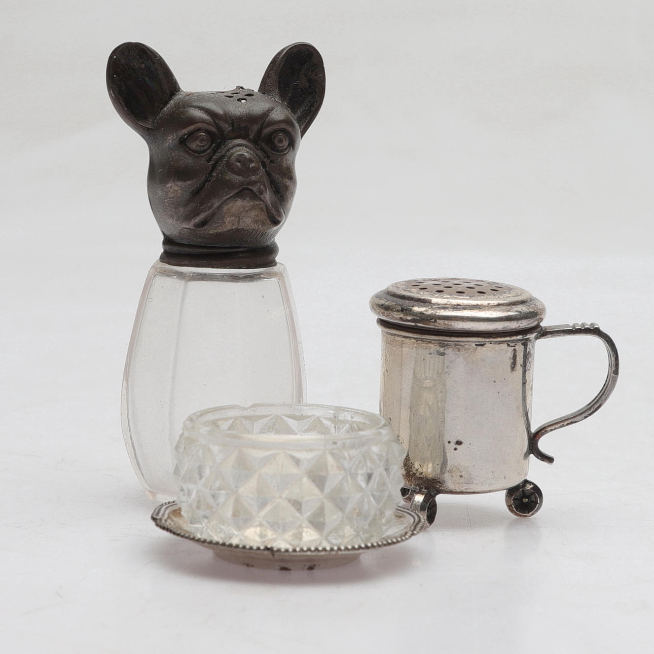 SALTKAR, 3 st, silver/glas, 1900-tal.