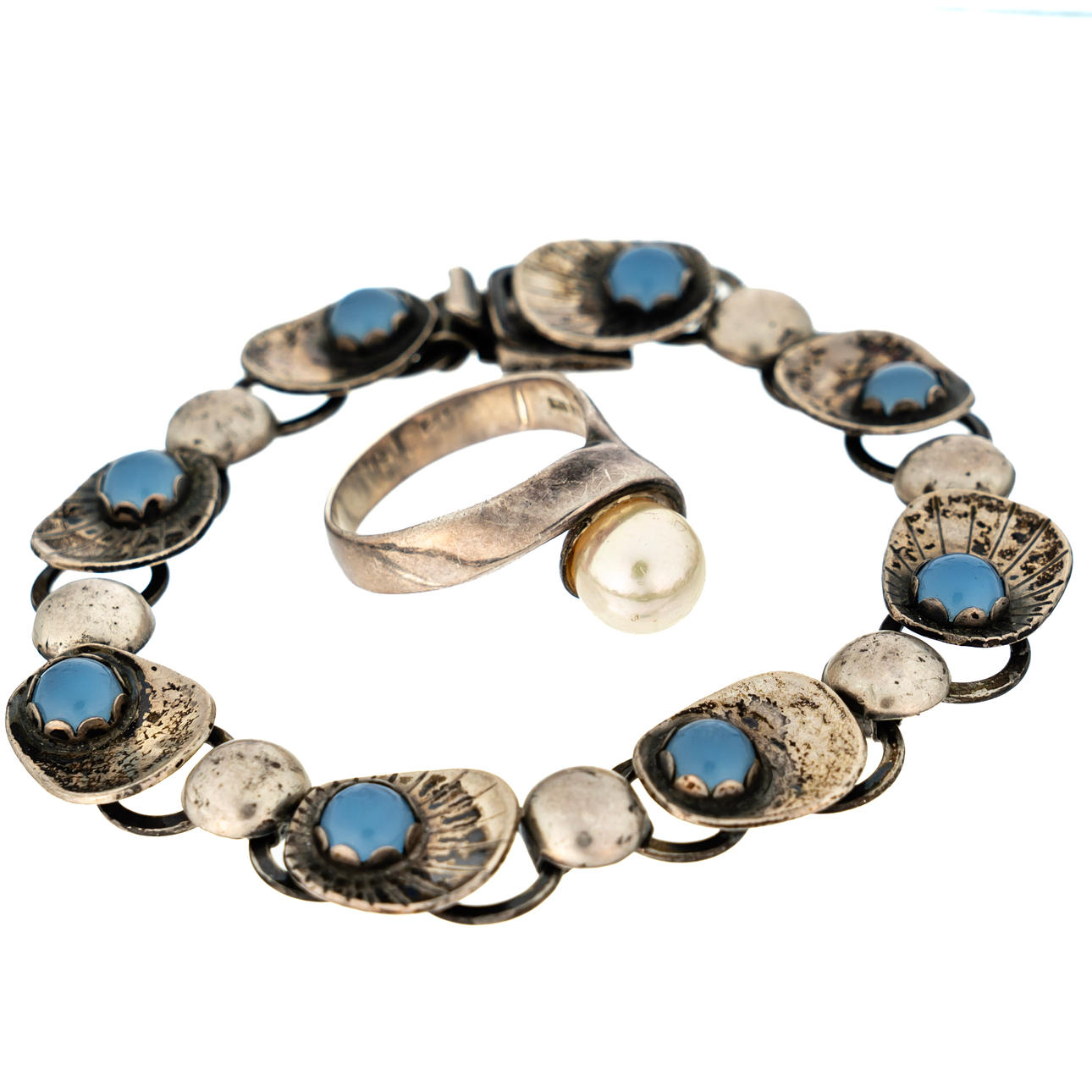 ARMBAND OCH RING, silver, med ljusblå stenar.