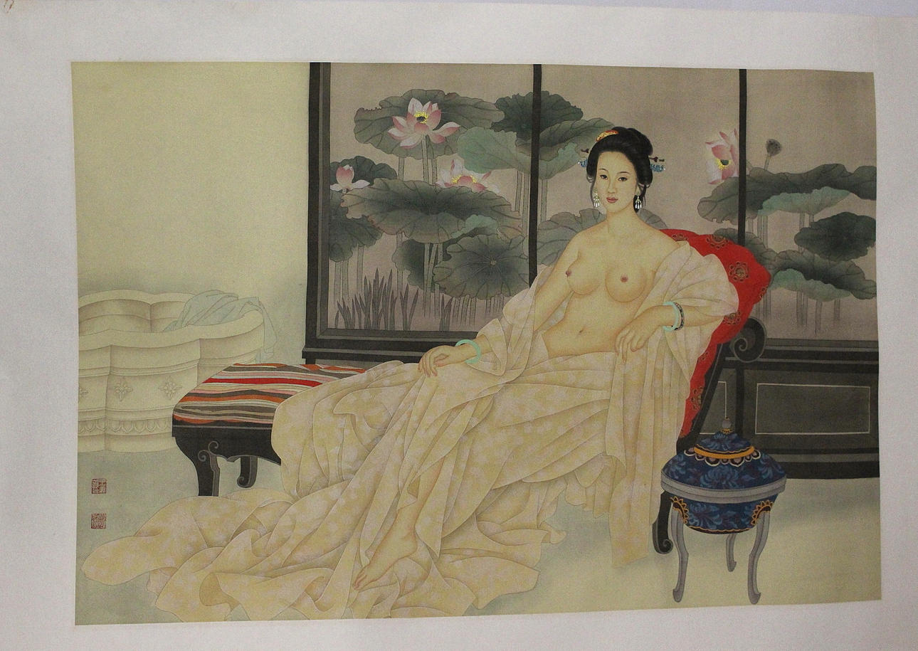 OIDENTIFIERAD KONSTNÄR. blandteknik, nakenstudio, signerad, Kina.