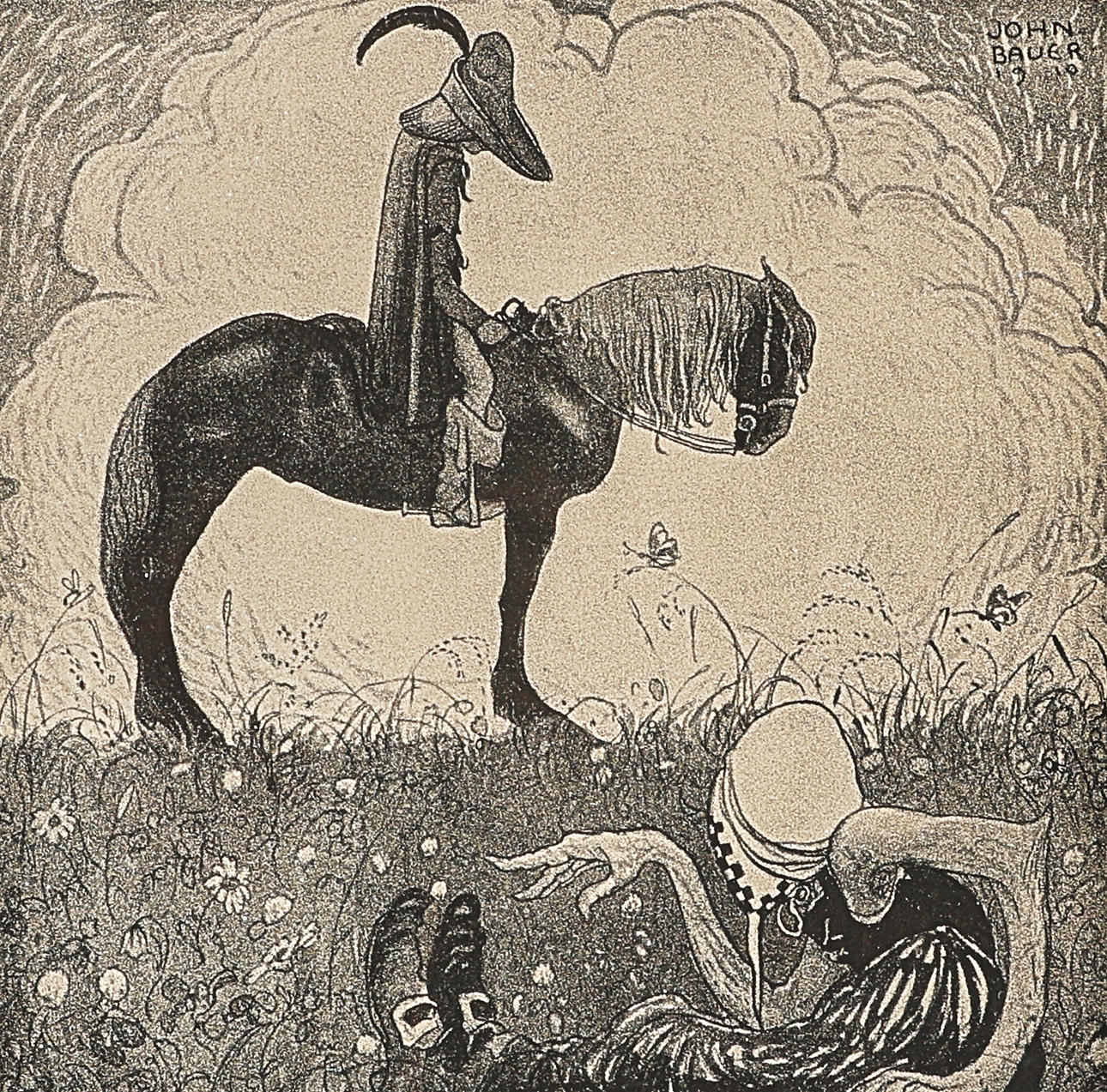 JOHN BAUER. Mezzotint, "Vill du göra mig en tjänst, Frågade hon ...", printed signature.