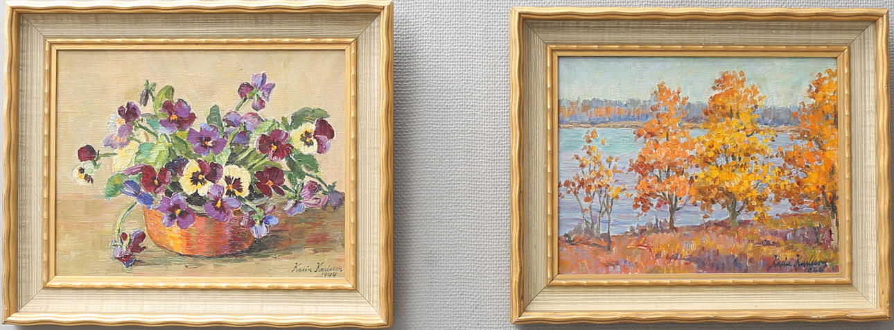 KARIN KARLSSON. Stilleben och landskap. Olja på duk, 2 st, signerade och daterade 1944.