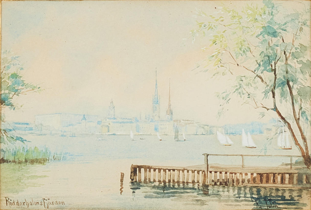 ELLEN JOLIN. "Riddarholmsfjärden", watercolour on paper, signed.