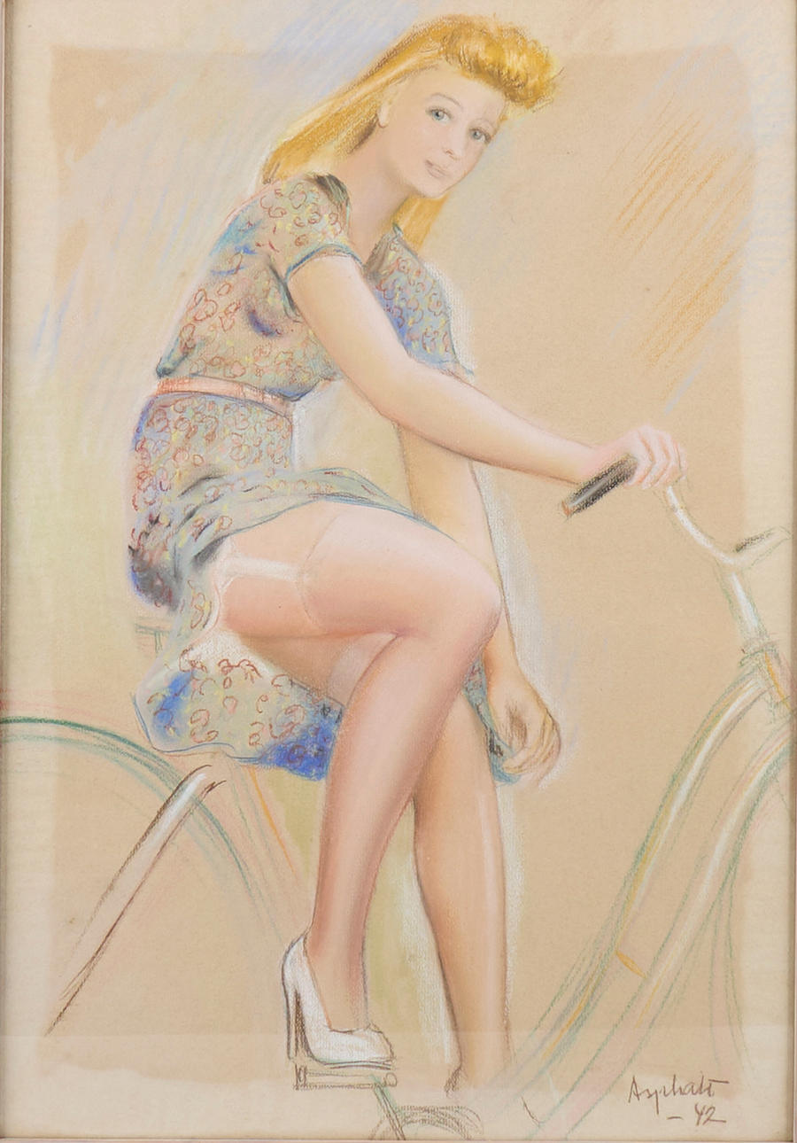 OIDENTIFIERAD KONSTNÄR. Mixed media, Signed -42, Woman on bicycle.