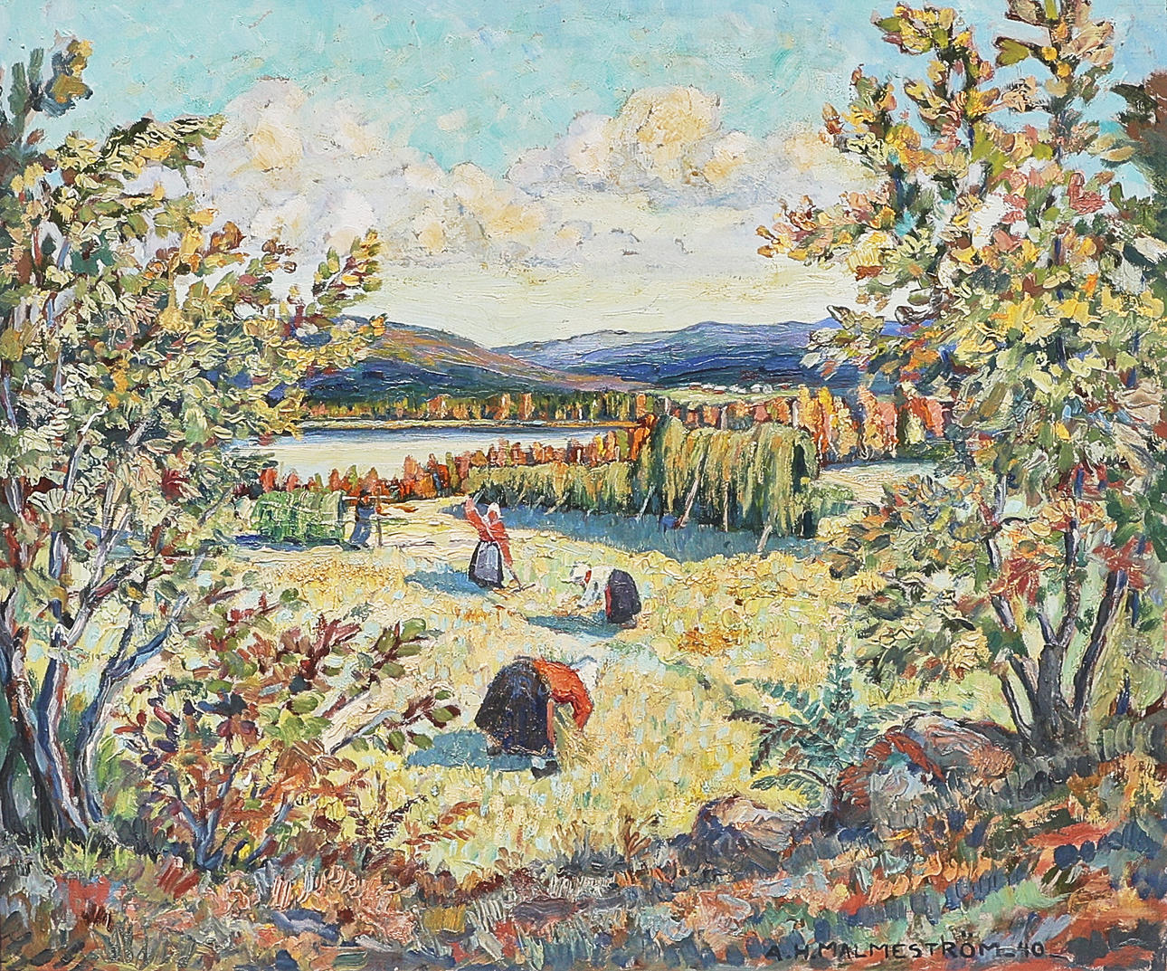 AKKE HUGH MALMESTRÖM. Oil painting, signed -40, "Kvinnor på åkern", Siljansnäs.
