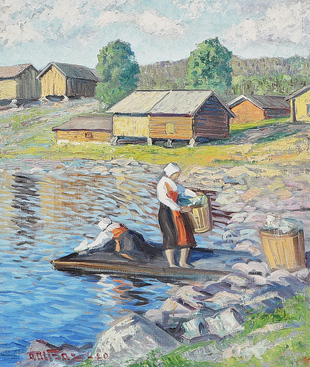 ANDERS ALTZAR. Oil painting, signed -20, Washerwomen.