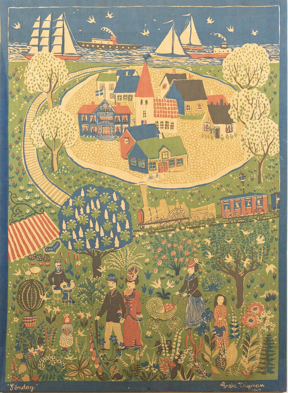 GRETA P:SON DIGMAN. Textiltryck, "Söndag", 1947.