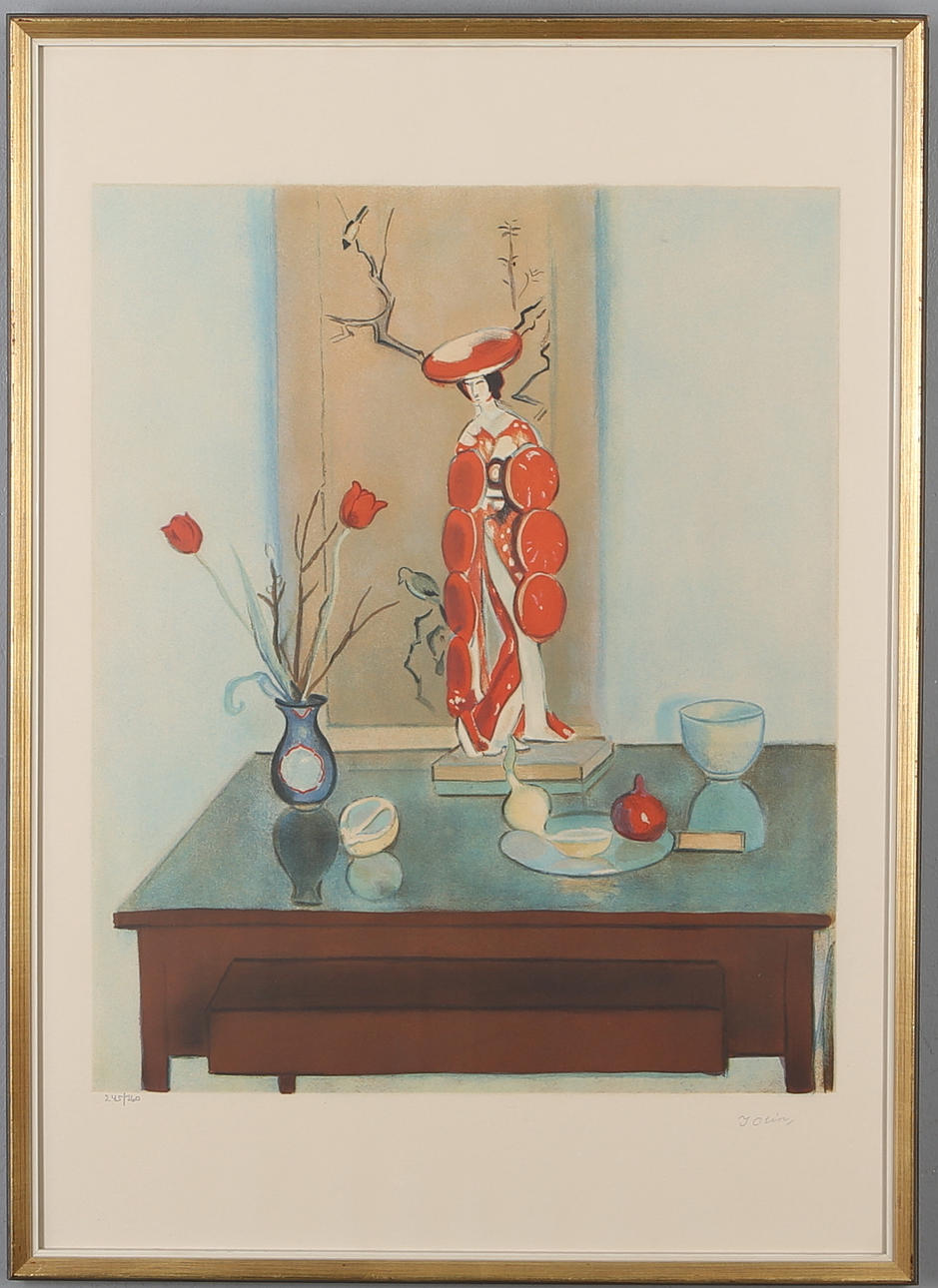 EINAR JOLIN. "Stilleben med japansk docka", färglitografi, signerad och numrerad 245/360.