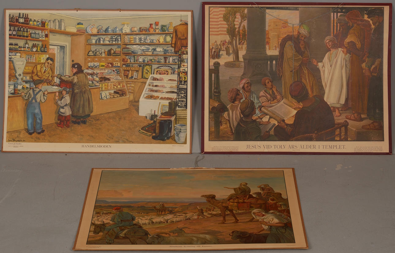 SKOLPLANSCHER, 3 st, bla "Handelsboden", 1900-tal.