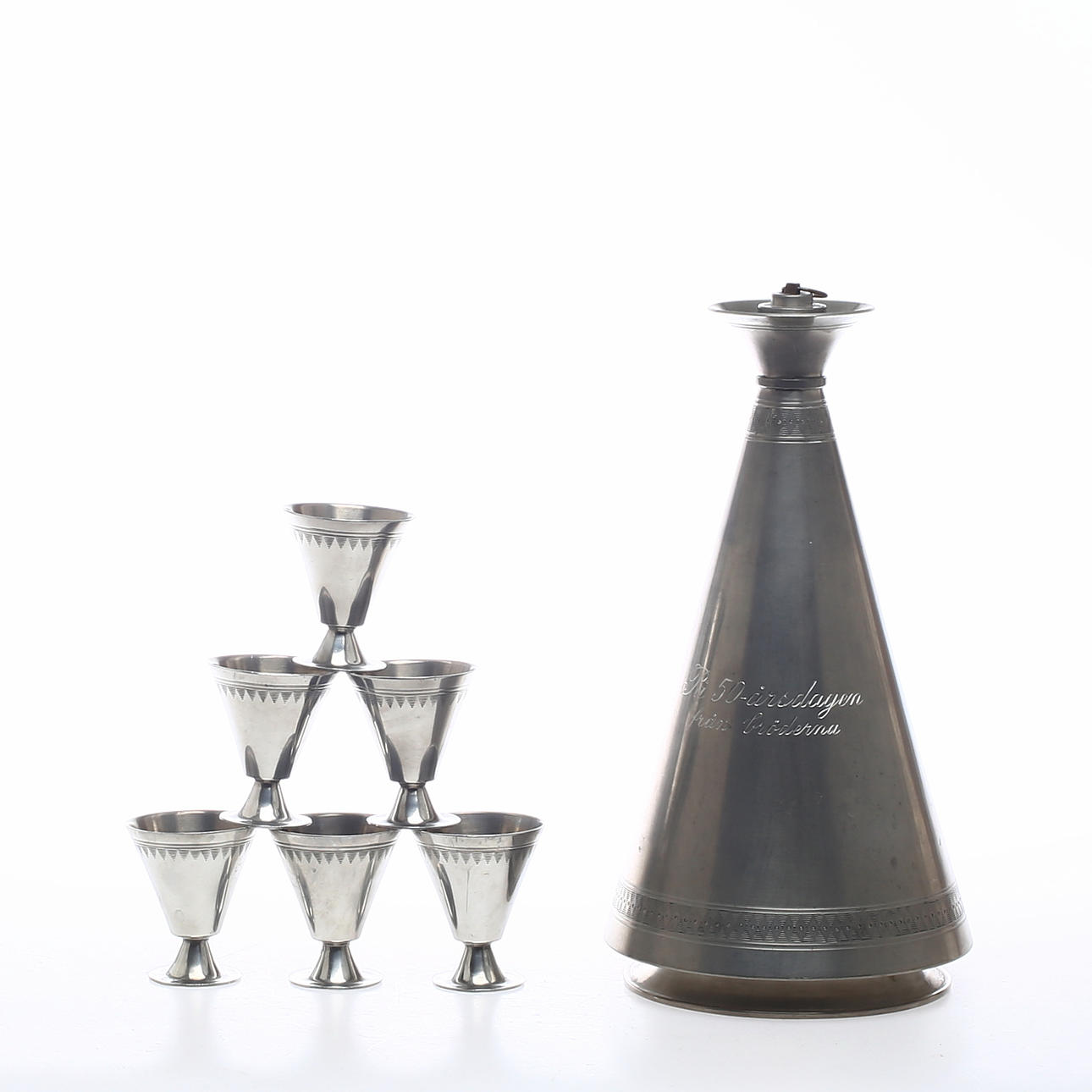 DRINKSET, 7 delar, tenn, Hugo Gehlin, Ystad Tenn, 1930.