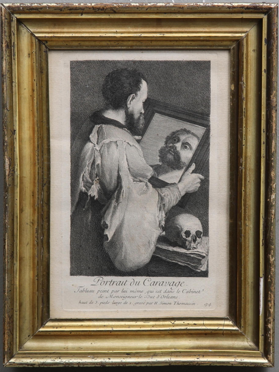 HENRI SIMON THOMASSIN. "Portrait du Caravage (Caravaggio)". Gravyr, 1700-tal.