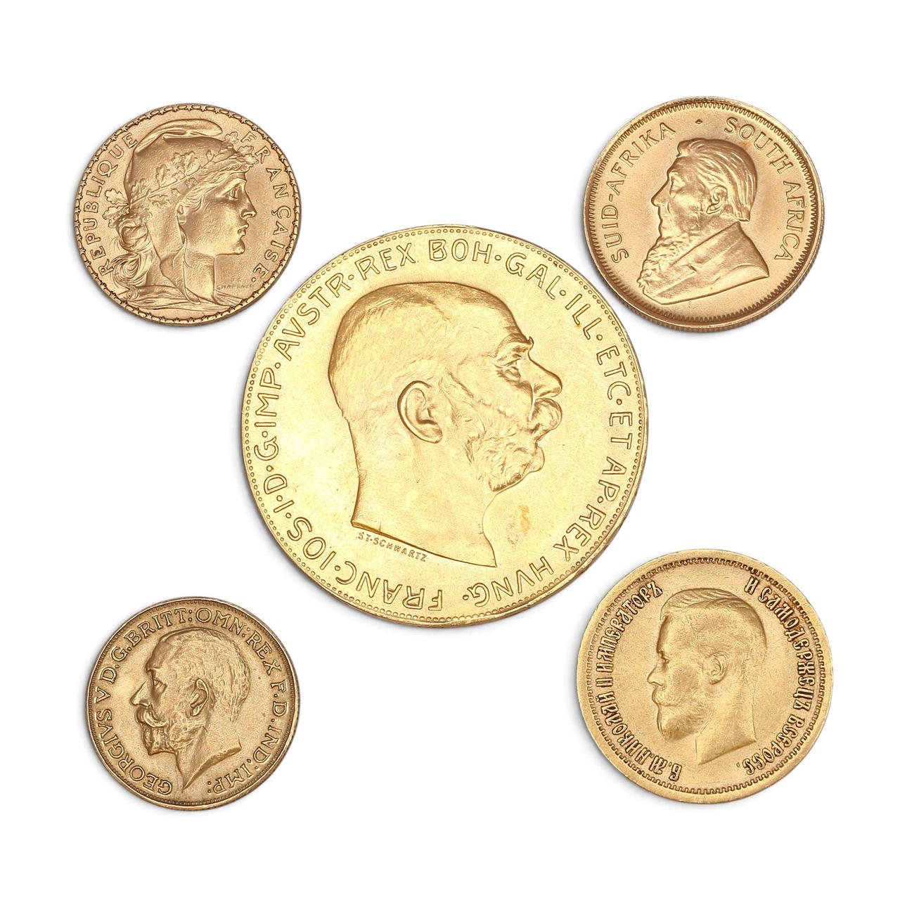 Five gold coins, 19th and 20th centuries.