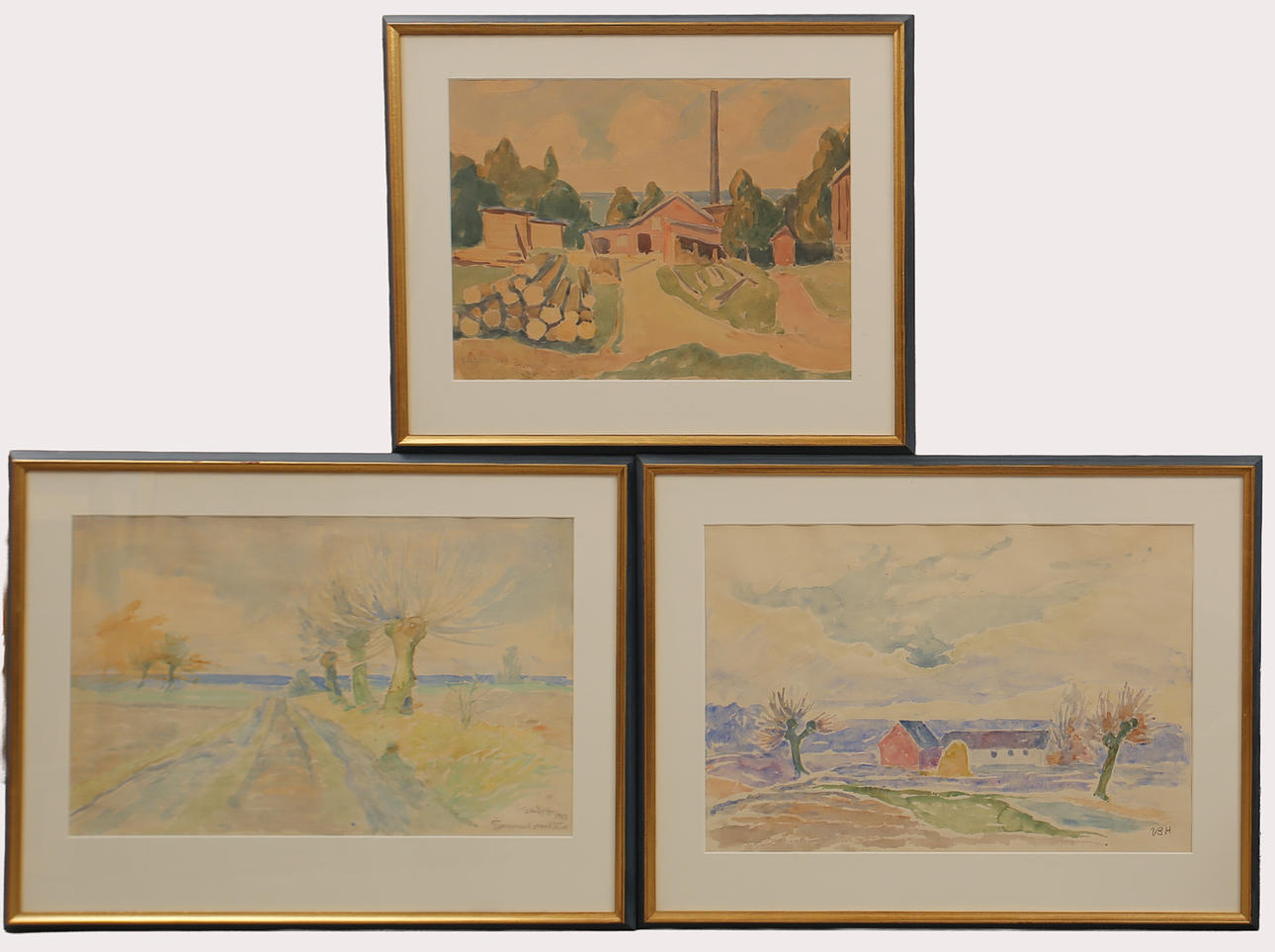 OIDENTIFIERAD KONSTNÄR. , 3 st., akvareller, bondgård, pilevall, sågverk. Monogramsignerad VBH samt otydlig signatur. Daterade 1939 - 1952.