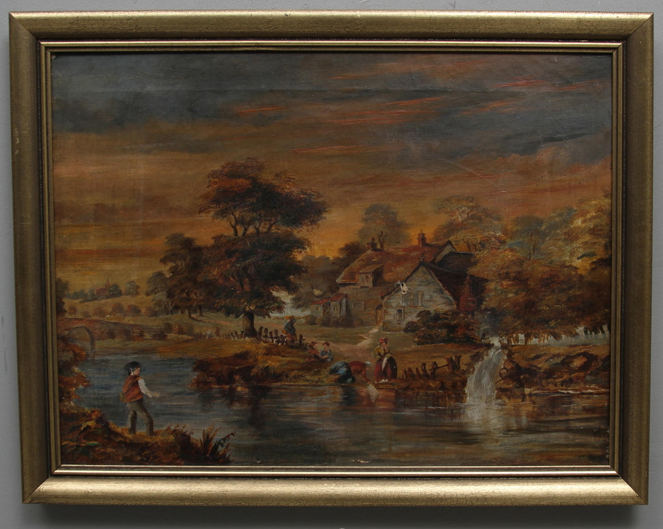 ALFRED VICKERS. TILLSKRIVEN. England. 1800-talets första hälft. Bylandskap med å, tvätterskor och barn. Olja på duk. Osignerad.