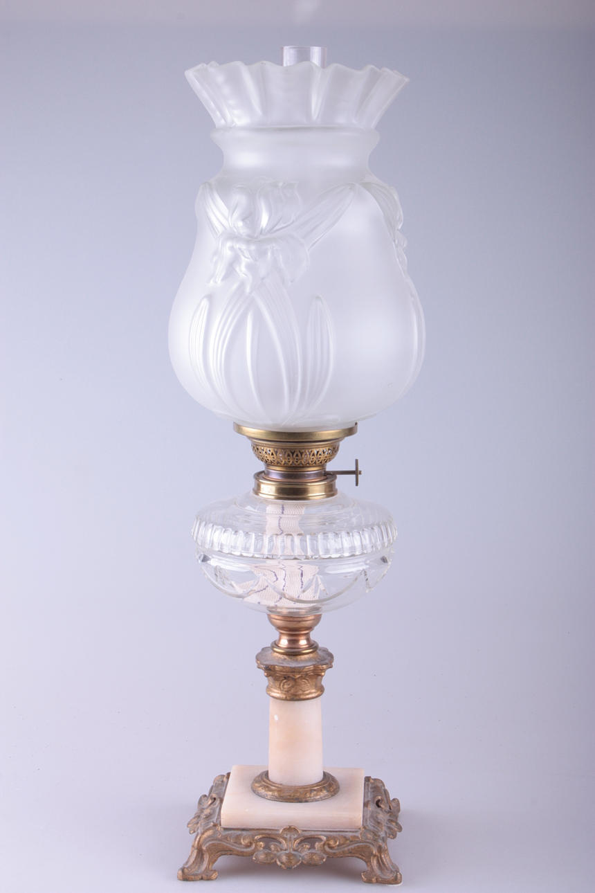 BORDSFOTOGENLAMPA, glas, metall och sten.