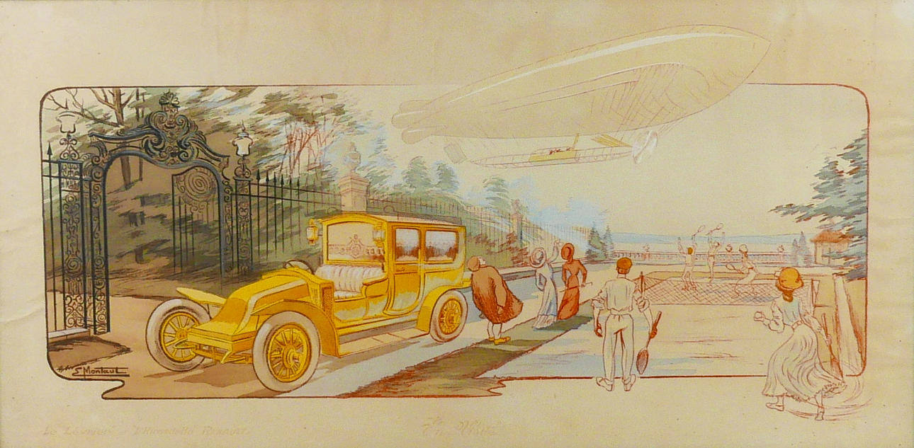 AFTER ERNEST MONTAUT (FRENCH, 1879-1909). 'EN VISITE- LE LEVRIER ET L'HIRONDELLE' LITHOGRAPH.