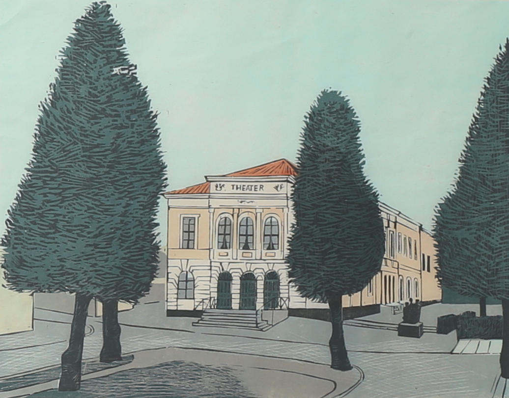 SVEN LJUNGBERG. Växjö teater. Färgträsnitt, signerad och numrerad 103/200.