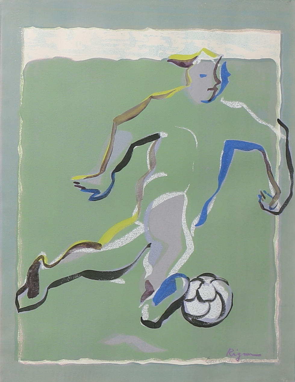 RIGMOR ILSTEDT. "Fotbollspelare". Färglitografi, signerad, eget tryck.