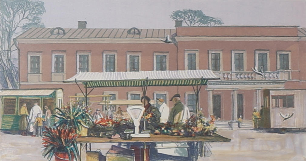 MATS ARONSSON. "På torget". Färglitografi, signerad, daterad 98, numrerad 110/150.