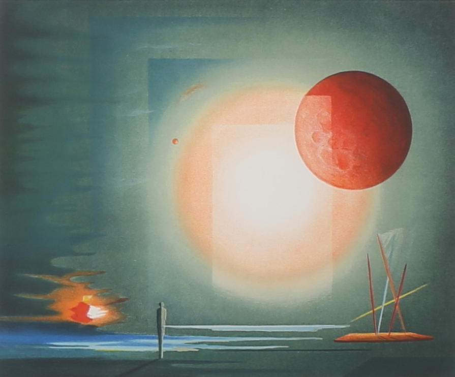 STEN AHLBERG. "Kosmisk pejling". Färglitografi, signerad, numrerad EA.