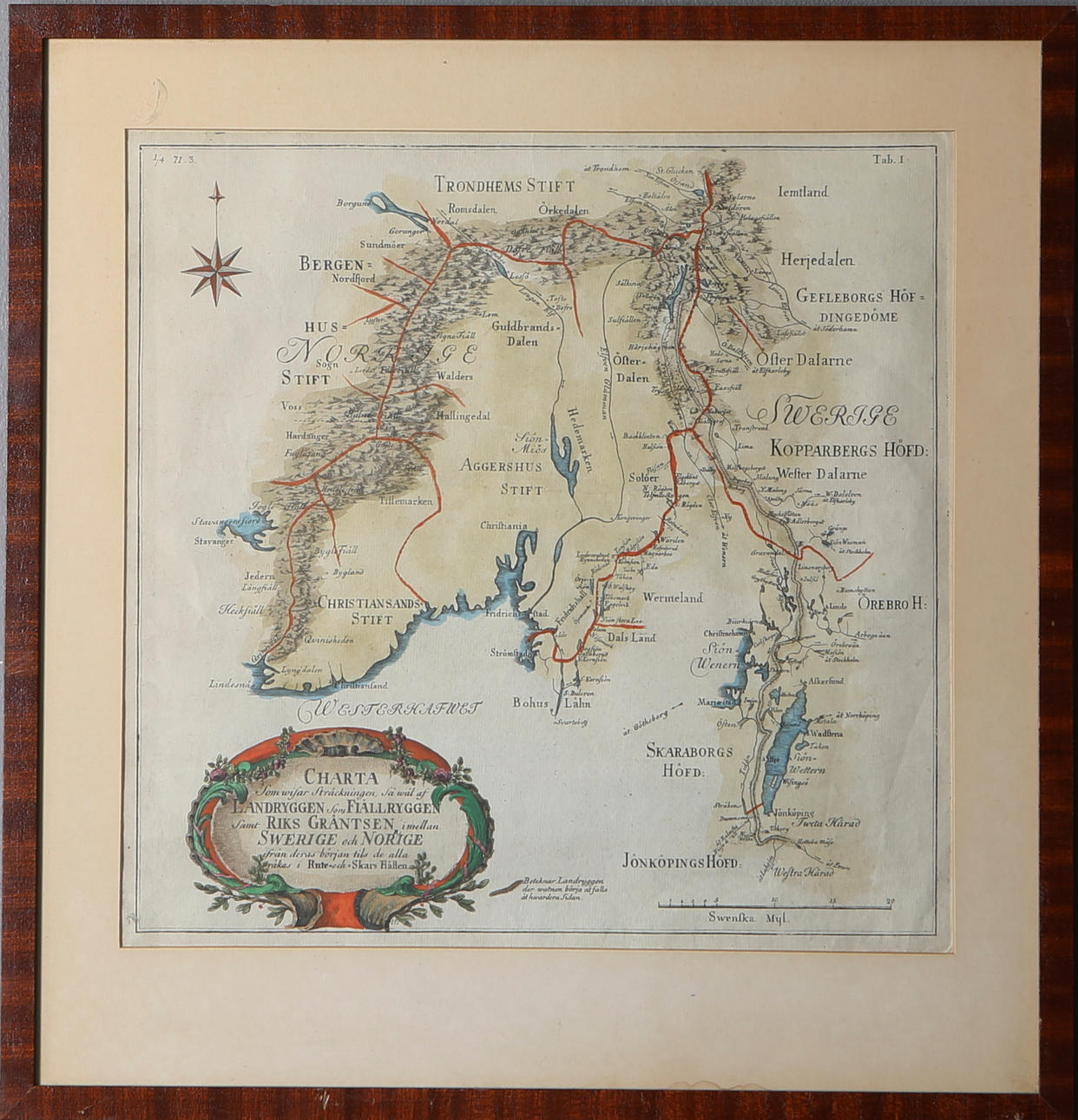 KARTA, Norge/Sverige, "Charta som wisar sträckningen så wäl af landryggen som fjällryggen...".